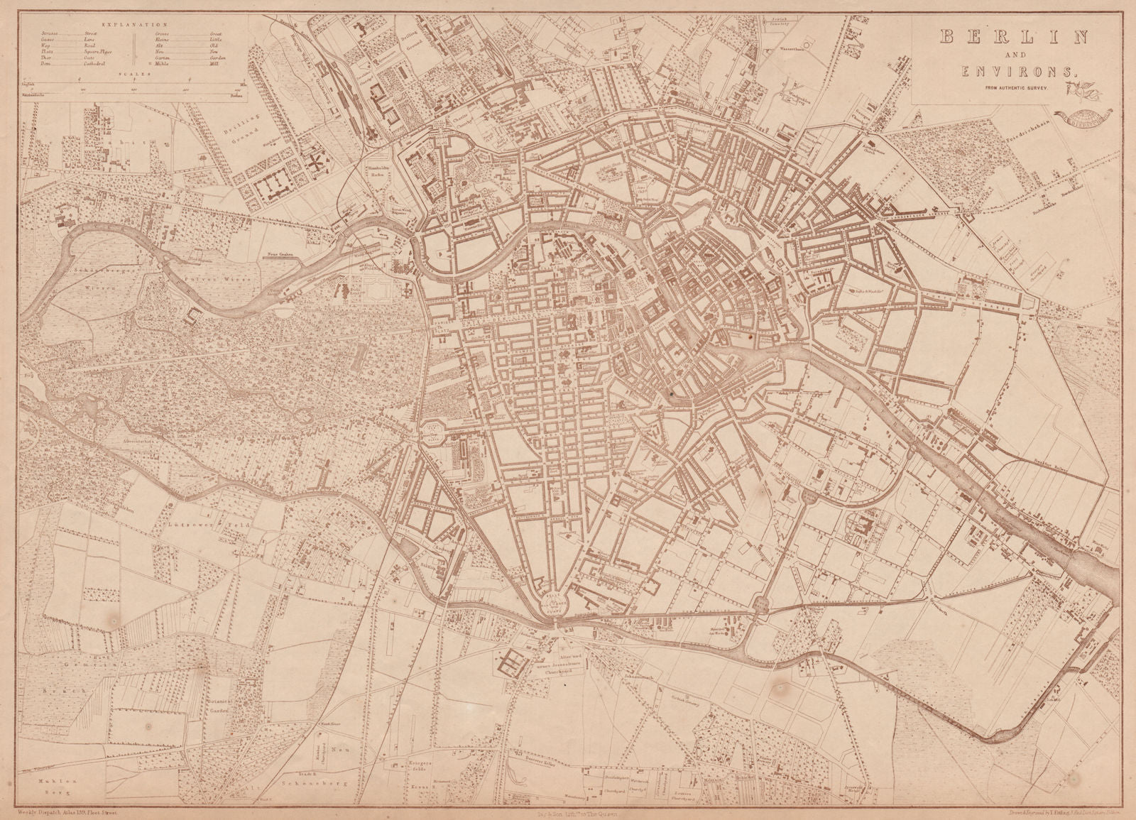 BERLIN. Large town/city plan by T. ETTLING for the Dispatch Atlas 1863 old map